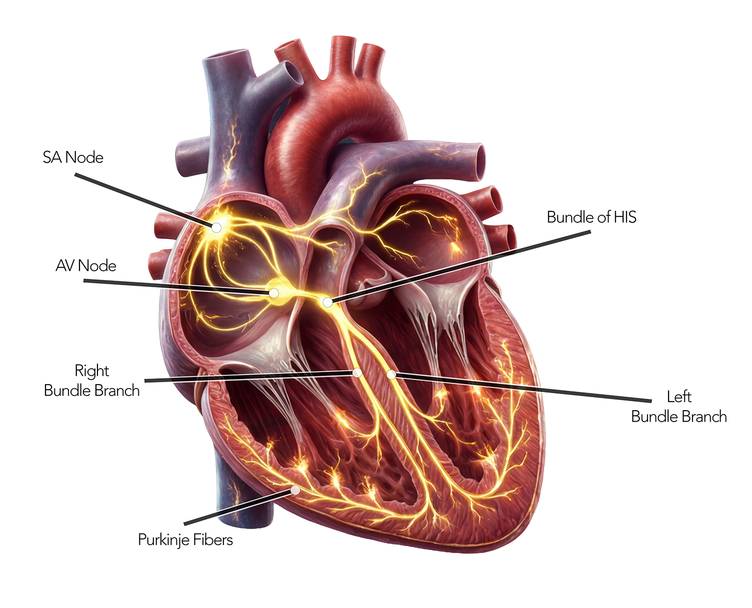 Cross-section of the heart showing the electrical conduction system: the SA node, AV node, bundle of His, right and left bundle branches, and Purkinje fibers, with the conduction pathway glowing gold.